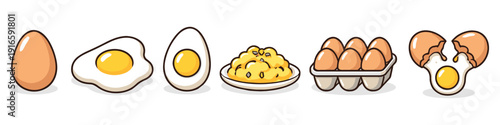 Cartoon egg set showing whole egg, fried egg, halved egg, scrambled plate, carton and cracked yolk