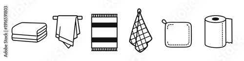 Collection of bathroom and kitchen textile icons with a clean, minimalist line art style