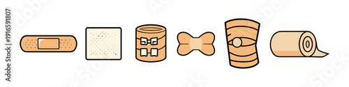 Collection of various medical bandages and wound care supplies for first aid and injury treatment
