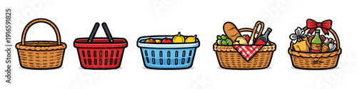 Collection of five different illustrated baskets for shopping, picnics, and gifts