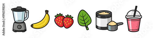Cartoon kitchen icons showing blender, banana, strawberries, spinach, protein powder and smoothie