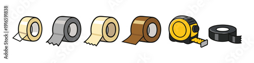 Collection of various tapes and a measuring tool, illustrated in a simple cartoon style