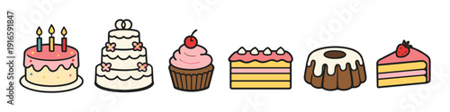 Collection of colorful cartoon cakes and cupcakes for celebrations and parties