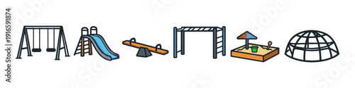 Collection of colorful cartoon playground equipment icons on a white background