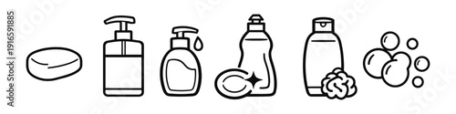Collection of hygiene and cleaning product icons including soap, dispensers, and bubbles
