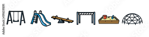 Collection of colorful playground equipment icons on a white background
