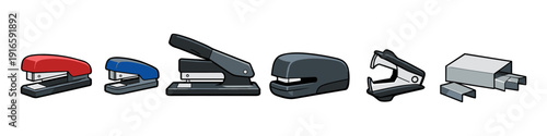 Collection of various staplers and staples in different colors and designs