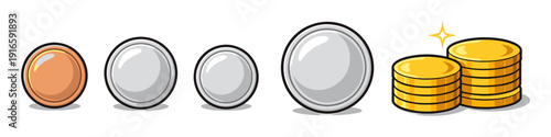 Collection of cartoon coins in various sizes and metals, including gold and silver