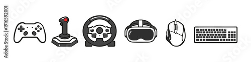 Collection of gaming peripherals including a controller, joystick, steering wheel, VR headset, mouse, and keyboard