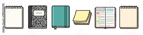 Collection of various notebooks and sticky notes for planning and writing