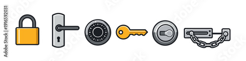 Collection of security and access icons including padlock, door handle, lock, key, and chain