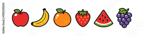 Collection of colorful cartoon fruits including apple, banana, orange, strawberry, watermelon, and grapes