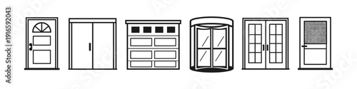 Collection of various door types and styles in a clean line art illustration