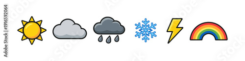 Collection of weather icons including sun, clouds, rain, snowflake, lightning, and rainbow