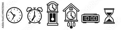 Collection of diverse clock icons representing different timekeeping devices and eras