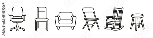 Collection of diverse chair types illustrated in a clean, modern line art style