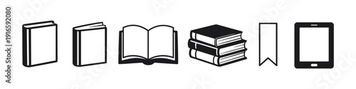 Collection of book icons and e-reader symbolizing reading and knowledge