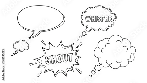 Communication bubbles: A set of speech bubbles, conveying thoughts and expressions, with varying shapes and the words shout and whisper illustrated.
