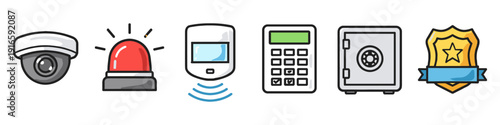 Security system icons: camera, siren, motion sensor, keypad, safe, and badge