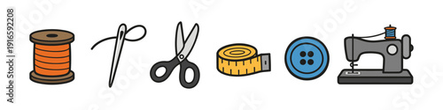 Sewing supplies including a sewing machine, needle, thread, scissors, button, and tape measure