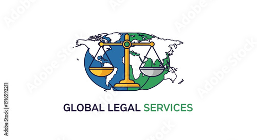 Global Legal Services Symbol with Scales of Justice and World Map.