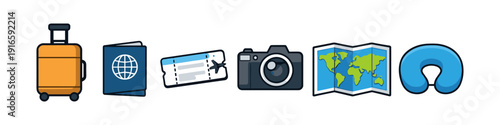 Collection of travel icons including luggage, passport, ticket, camera, map, and neck pillow