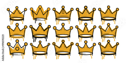 Golden spray paint crown icons with urban graffiti drip style for streetwear and modern artistic branding