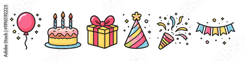 Collection of colorful birthday party celebration icons including cake, balloon, gift, and confetti