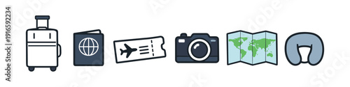 Collection of travel icons including suitcase, passport, ticket, camera, map, and neck pillow