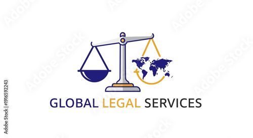 Global Legal Services Symbol with Scales of Justice and World Map.