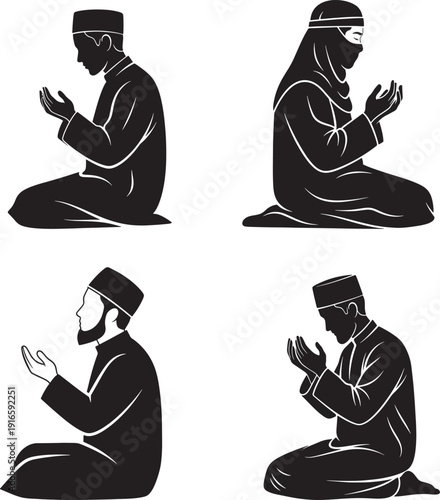 Set of Muslim Men and Woman Silhouettes Praying and Making Dua