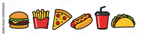 Collection of popular fast food icons including burger, fries, pizza, hot dog, soda, and taco
