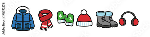 Collection of winter clothing and accessories for cold weather protection