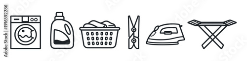 Collection of laundry icons including washing machine, detergent, basket, clothespin, iron, and drying rack