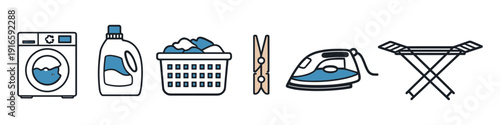 Collection of laundry items including washing machine, detergent, basket, clothespin, iron, and drying rack