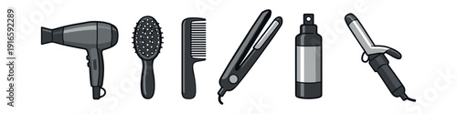 Collection of professional hair styling tools including a hairdryer, brushes, and curling iron