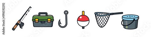 Collection of fishing gear icons including rod, tackle box, hook, bobber, net, and bucket