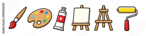 Collection of cartoon art supplies including brush, palette, paint tube, easel, and roller