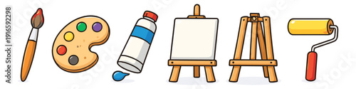 Collection of cartoon art supplies including a brush, palette, paint tube, easel, and roller