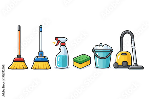 Collection of cartoon cleaning supplies including brooms, spray bottle, sponge, bucket, and vacuum