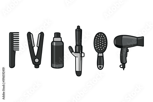 Collection of essential hair styling tools including a comb, straightener, spray bottle, curler, brush, and dryer