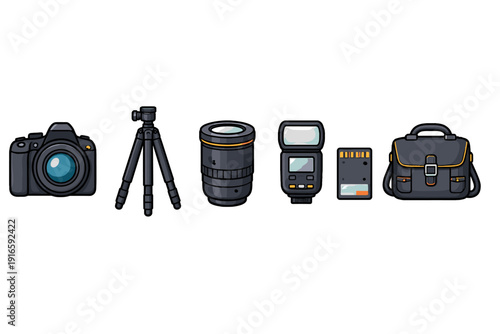 Collection of cartoon photography equipment including camera, lens, tripod, flash, memory card, and bag