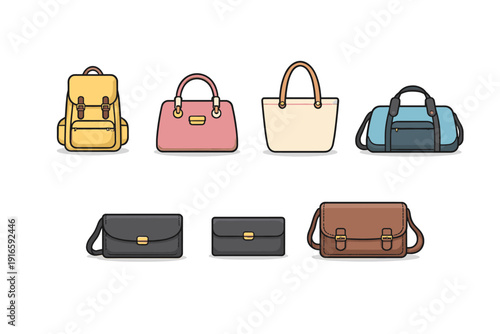 Collection of diverse bag types in a clean, flat illustration style