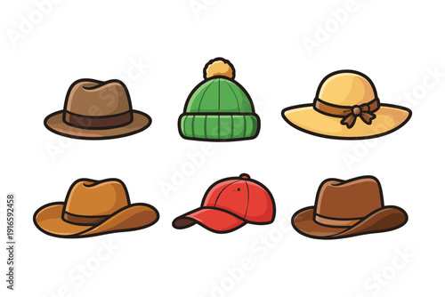 Collection of diverse cartoon hats including fedora, beanie, sun hat, cowboy hat, and baseball cap