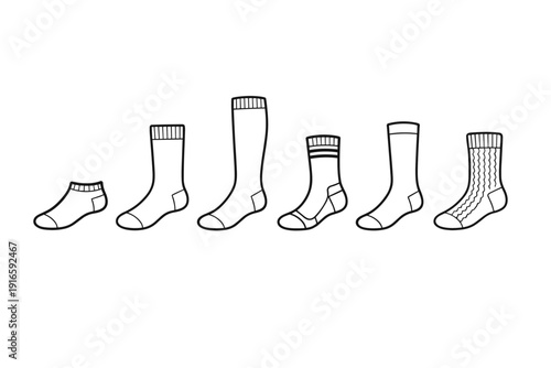 Collection of six different styles and lengths of socks in a line