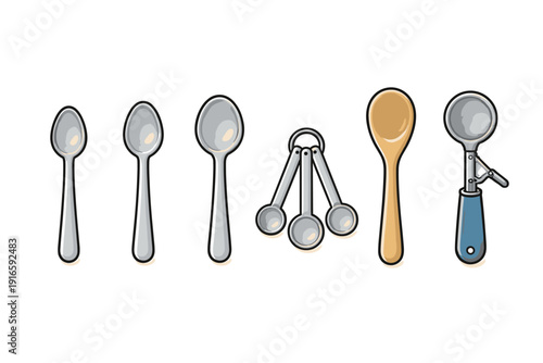 Collection of various kitchen spoons and an ice cream scoop on a white background