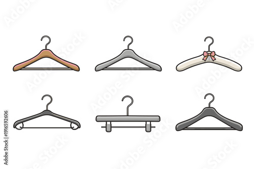 Collection of six different types of clothing hangers on a white background