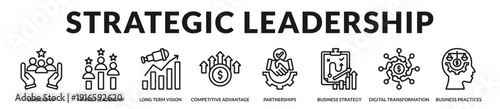 Strategic leadership banner presenting visionary governance and sustainable competitive advantage systems. in Lineal Icon Style