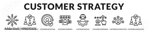 Customer strategy banner highlighting engagement driven retention and value focused relationship management. in Lineal Icon Style