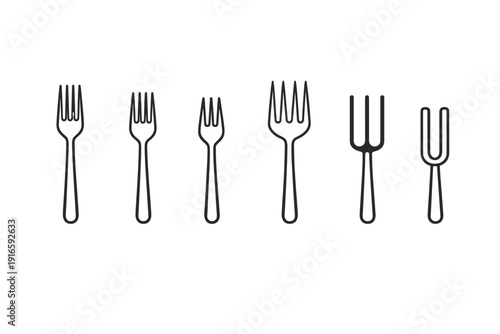 Collection of six different forks in a line, simple outline illustration on white background